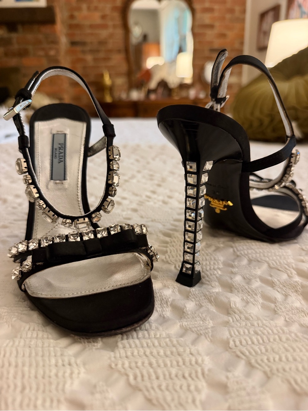Prada Black Crystal-Strap Stiletto Sandals
